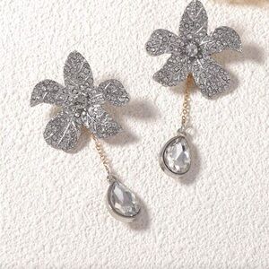 Silver Crystal Floral Drop Earrings with Teardrop Dangles